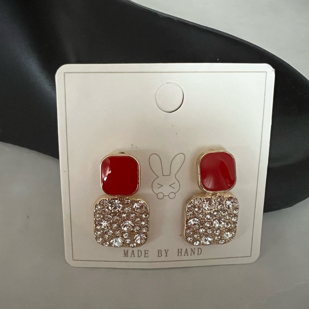 Red & Rhinestone Earrings - Picture 2 of 6